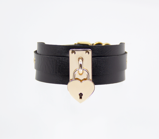 Love in Leather Black Unlined Faux Leather Collar with Gold Heart Padlock Pendant Key Included