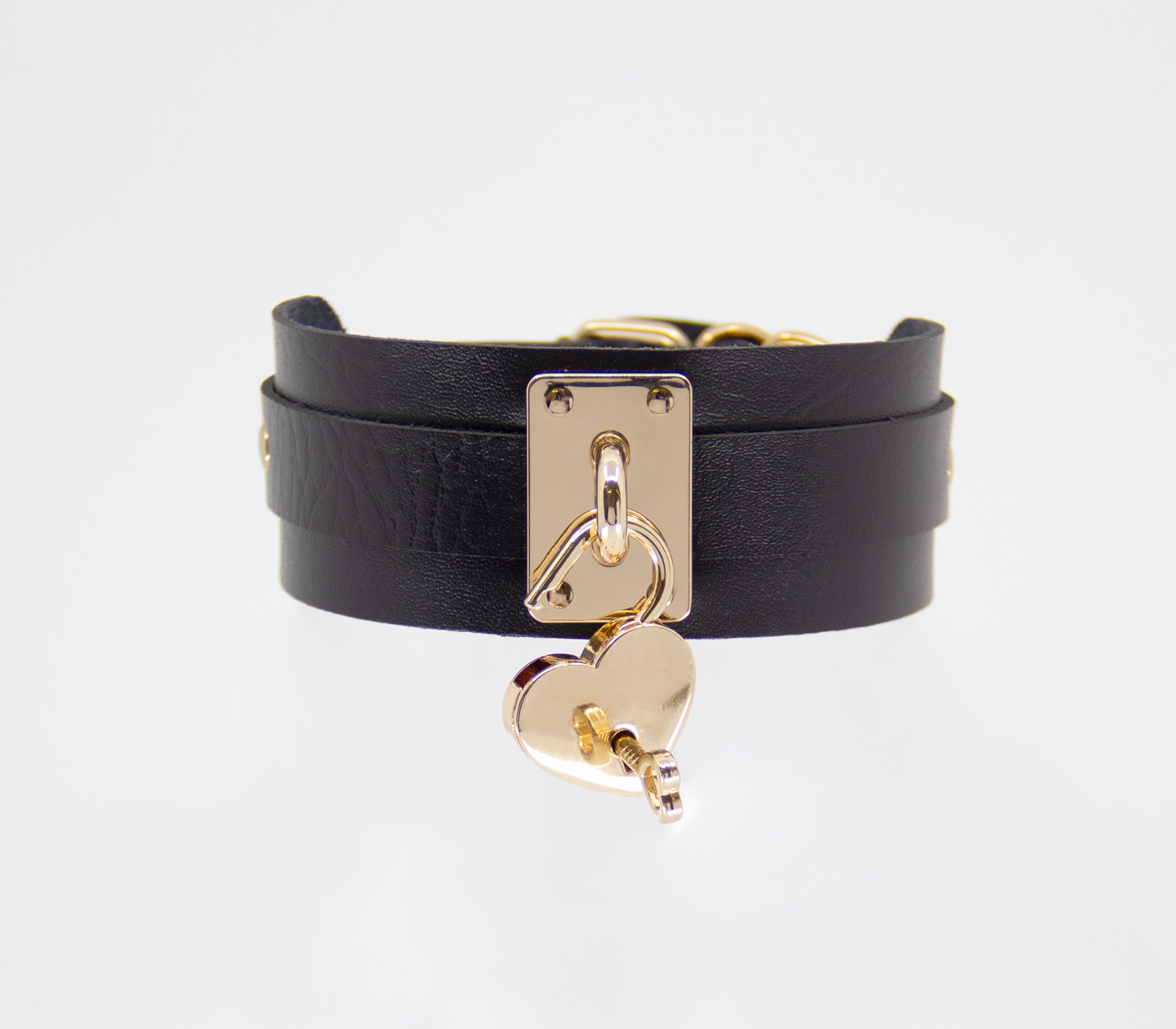Love in Leather Black Unlined Faux Leather Collar with Gold Heart Padlock Pendant Key Included