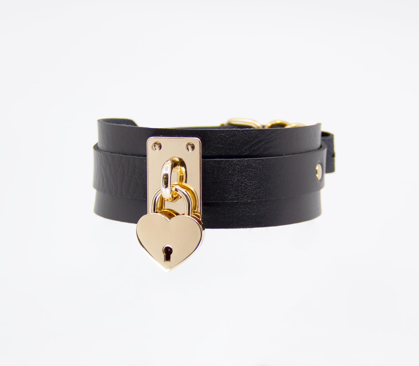 Love in Leather Black Unlined Faux Leather Collar with Gold Heart Padlock Pendant Key Included