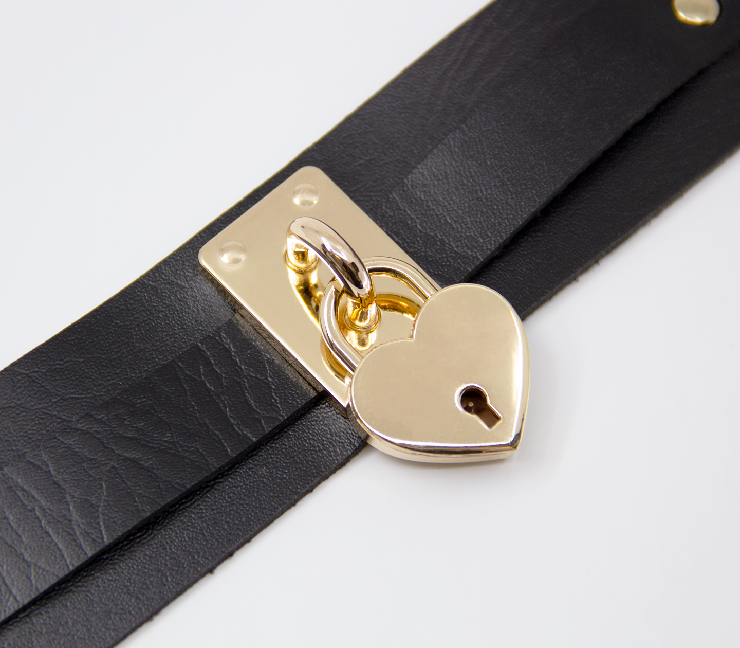 Love in Leather Black Unlined Faux Leather Collar with Gold Heart Padlock Pendant Key Included