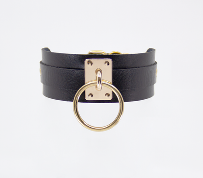 Love in Leather Black Unlined Faux Leather Collar with Gold Oversized  O Ring