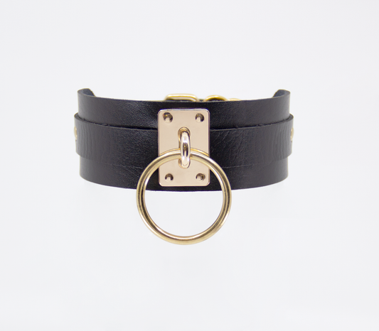 Love in Leather Black Unlined Faux Leather Collar with Gold Oversized  O Ring