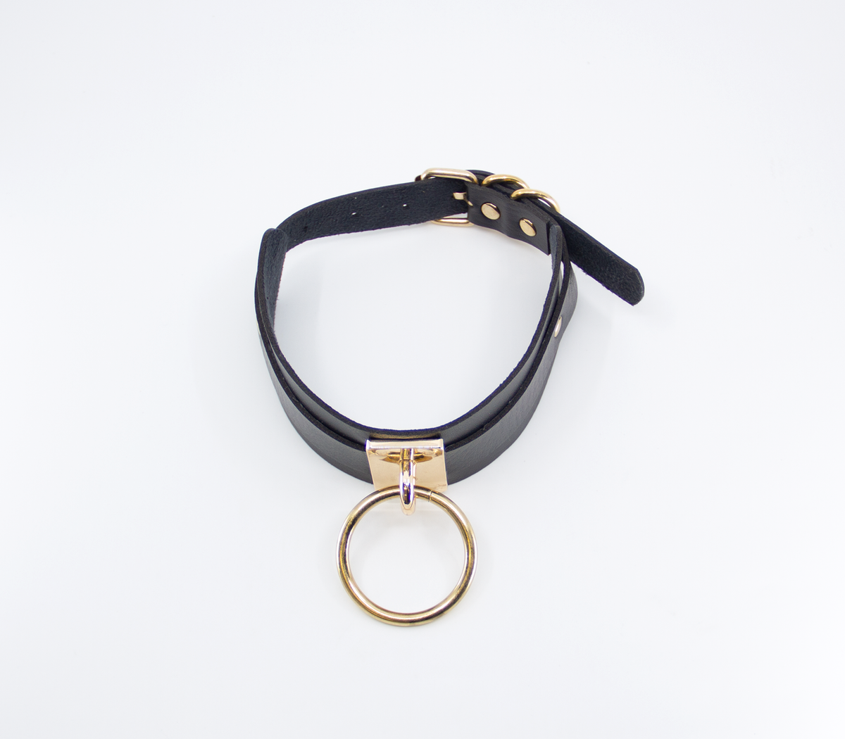 Love in Leather Black Unlined Faux Leather Collar with Gold Oversized  O Ring