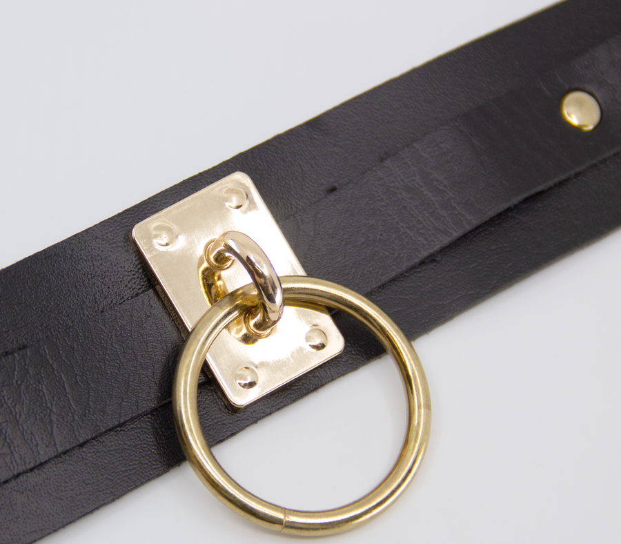 Love in Leather Black Unlined Faux Leather Collar with Gold Oversized  O Ring
