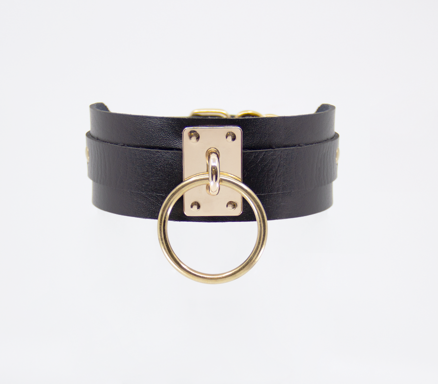 Love in Leather Black Unlined Faux Leather Collar with Gold Oversized  O Ring