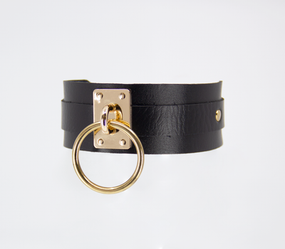 Love in Leather Black Unlined Faux Leather Collar with Gold Oversized  O Ring