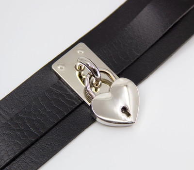 Love in Leather Black Unlined Faux Leather Collar with Silver Heart Padlock Pendant Key Included