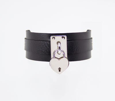 Love in Leather Black Unlined Faux Leather Collar with Silver Heart Padlock Pendant Key Included