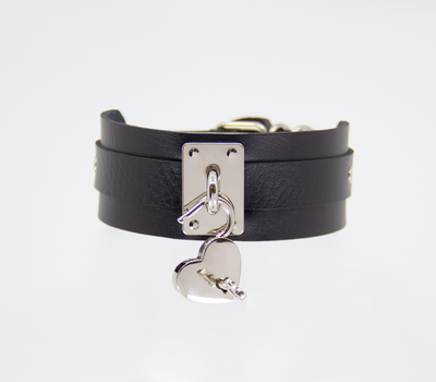 Love in Leather Black Unlined Faux Leather Collar with Silver Heart Padlock Pendant Key Included