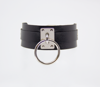Love in Leather Black Unlined Faux Leather Collar with Silver Oversized  O Ring