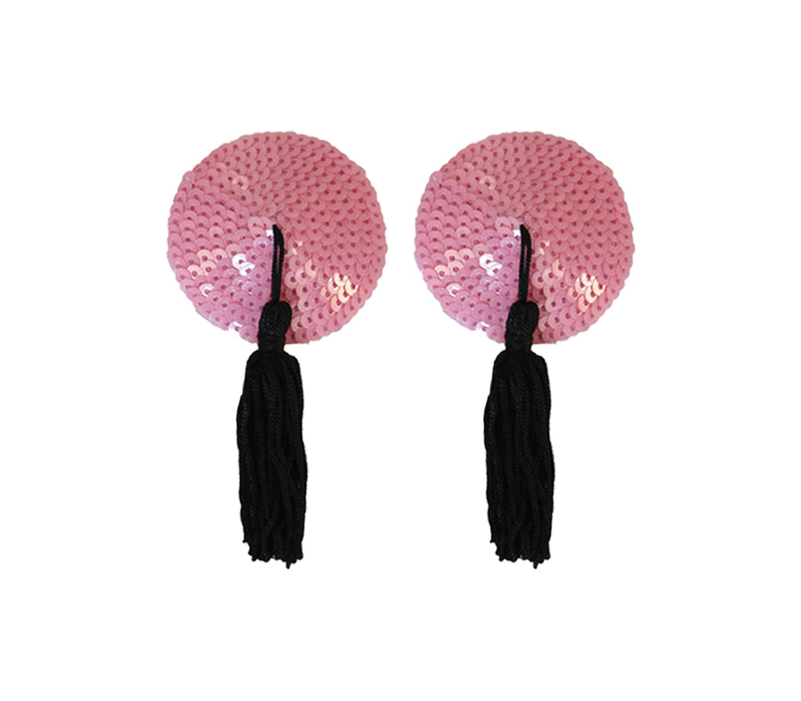Love in Leather Burlesque Series Baby Pink Round Sequin Reusable Nipple Pasties with Black Tassels