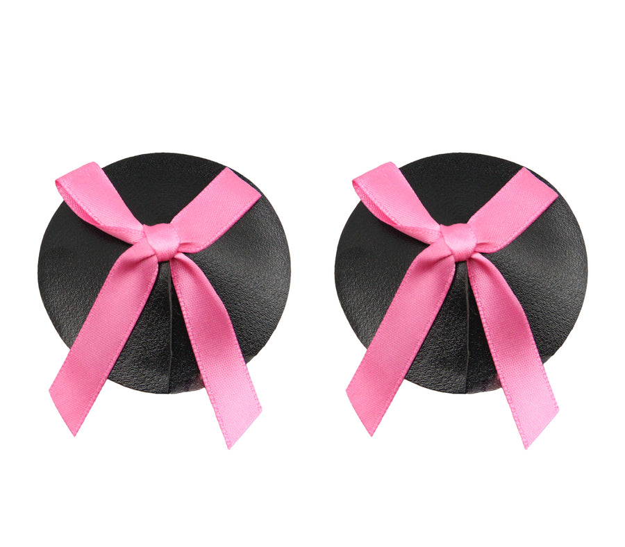 Love in Leather Burlesque Series Black Faux Leather Look Reusable Round Nipple Pasties with Pink Bows
