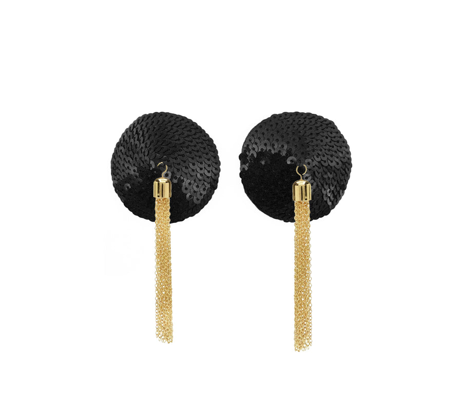 Love in Leather Burlesque Series Black Round Sequin Reusable Nipple Pasties with Gold Chain Tassels