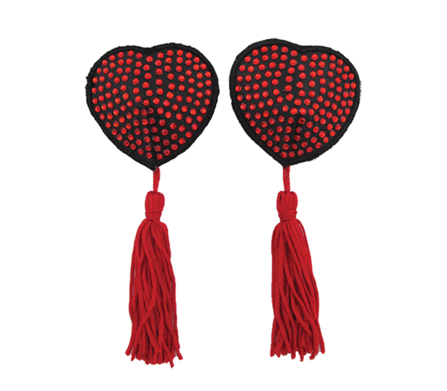 Burlesque Series Diamante Heart Shaped Reusable Nipple Pasties with Tassels red
