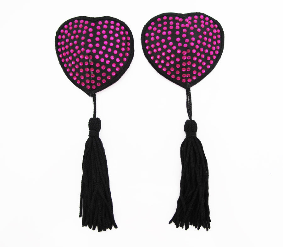 ove in Leather Burlesque Series Diamante Heart Shaped Reusable Nipple Pasties with Tassels