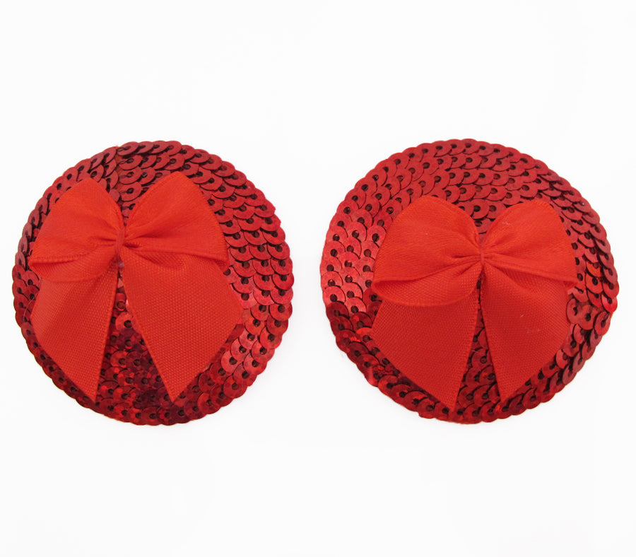 Love in Leather Burlesque Series Round Sequin Nipple Pasties with Satin Bow Red