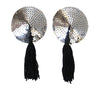 Love in Leather Burlesque Series Silver Round Sequin Reusable Nipple Pasties with Black Tassels