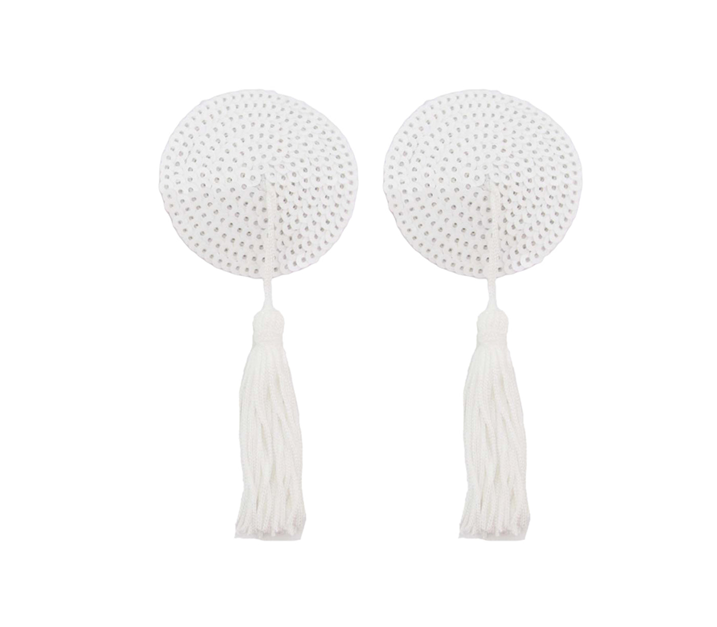 White Round Sequin Nipple Pasties with White Tassels