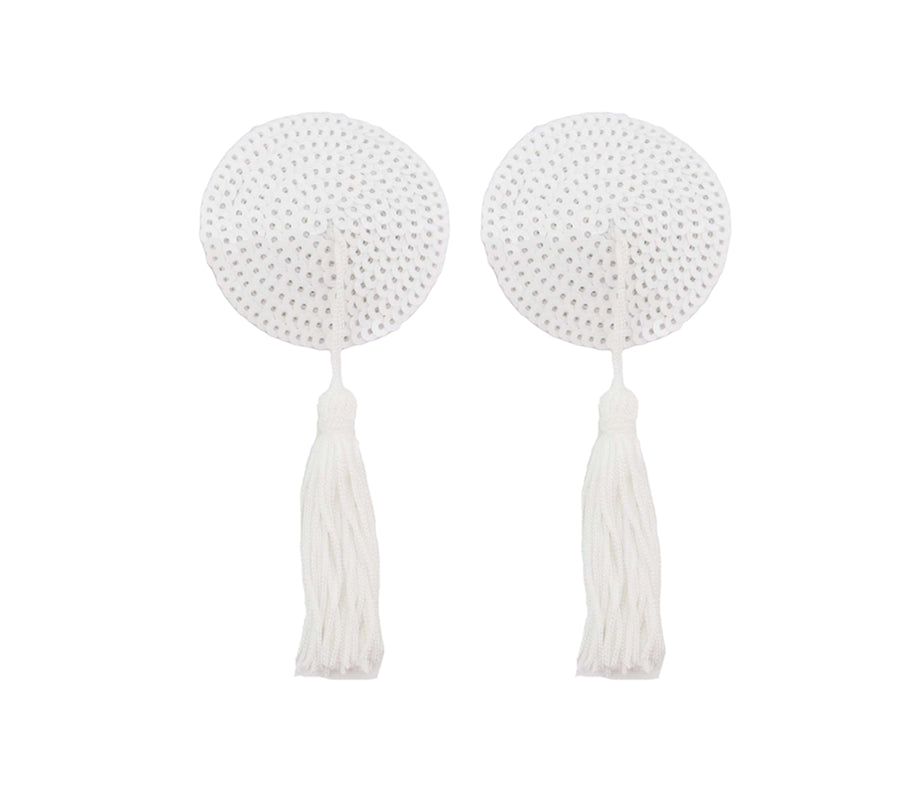 Love in Leather Burlesque Series White Round Sequin Reusable Nipple Pasties with White Tassels