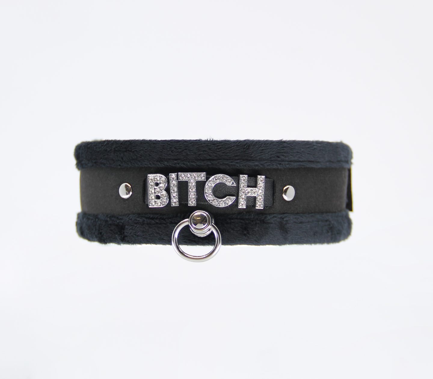 Love in Leather Fluffy Diamante BITCH Collar Black with O Ring