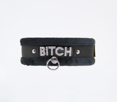 Love in Leather Fluffy Diamante BITCH Collar Black with O Ring