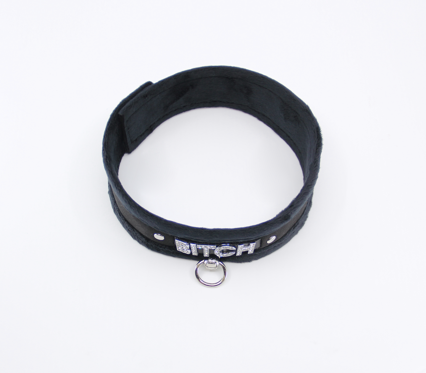 Love in Leather Fluffy Diamante BITCH Collar Black with O Ring