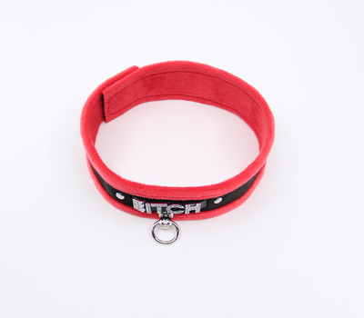 Love in Leather Fluffy Diamante BITCH Collar Red Black with O Ring