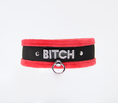 Love in Leather Fluffy Diamante BITCH Collar Red Black with O Ring