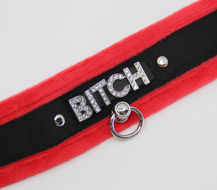 Love in Leather Fluffy Diamante BITCH Collar Red Black with O Ring