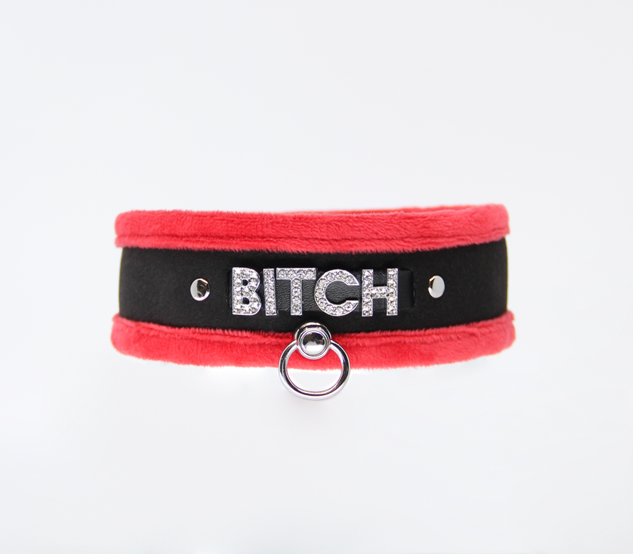 Love in Leather Fluffy Diamante BITCH Collar Red Black with O Ring