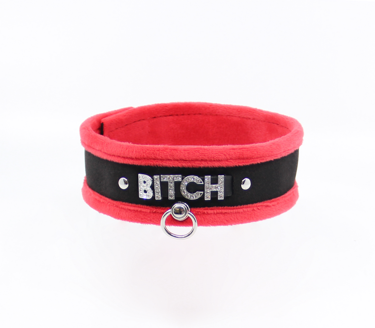 Love in Leather Fluffy Diamante BITCH Collar Red Black with O Ring