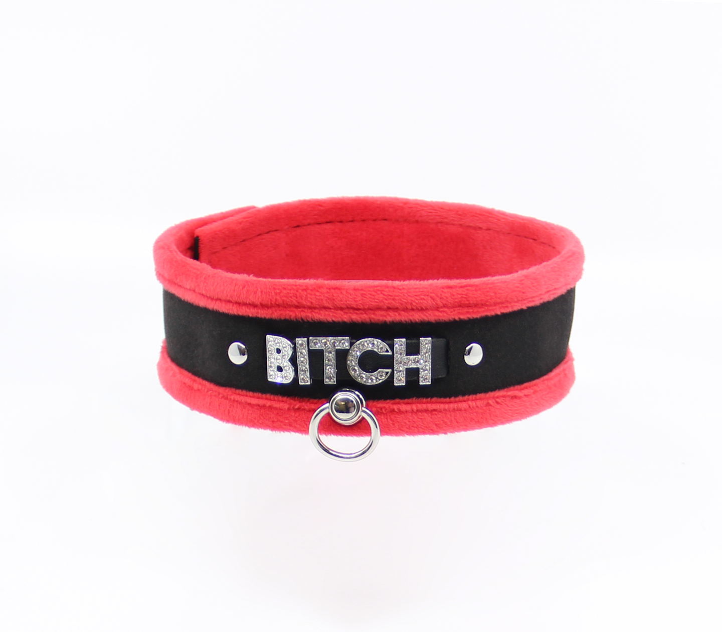 Love in Leather Fluffy Diamante BITCH Collar Red Black with O Ring
