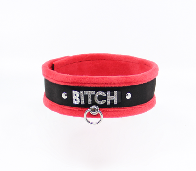 Love in Leather Fluffy Diamante BITCH Collar Red Black with O Ring