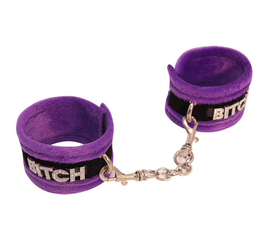 Love in Leather Fluffy Diamante BITCH Wrist Restraints Purple Black Handcuffs