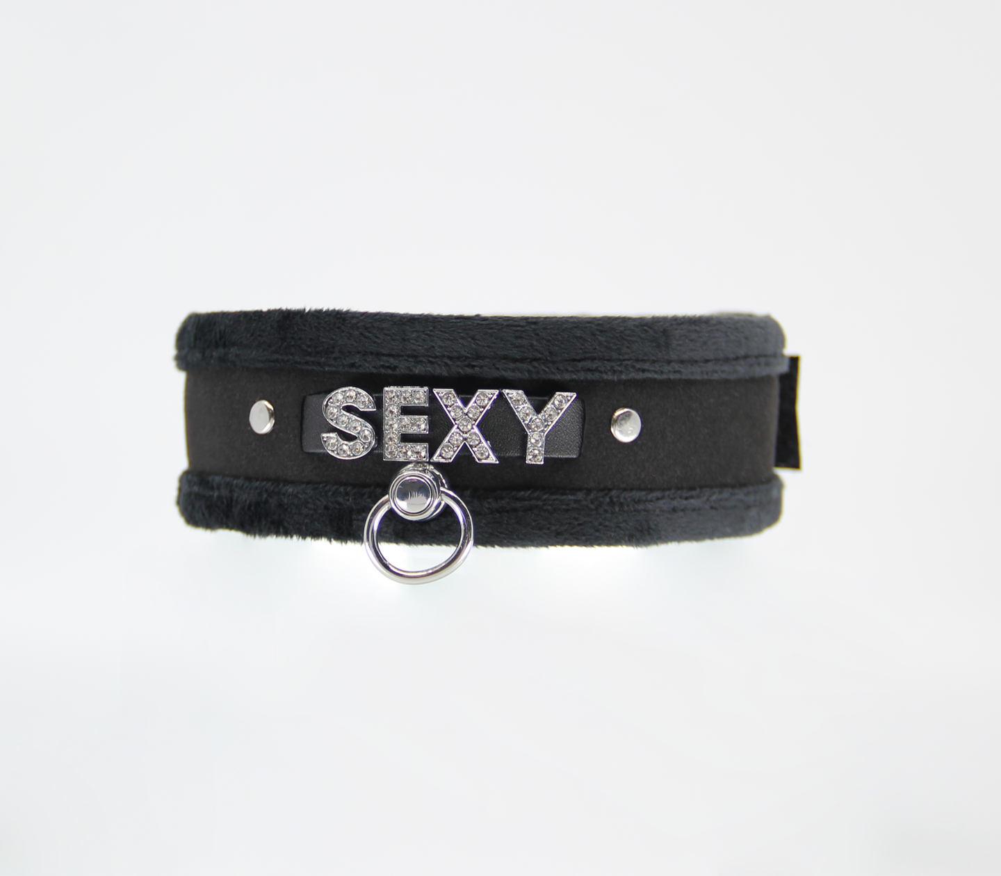 Love in Leather Fluffy Diamante SEXY Collar Black with O Ring