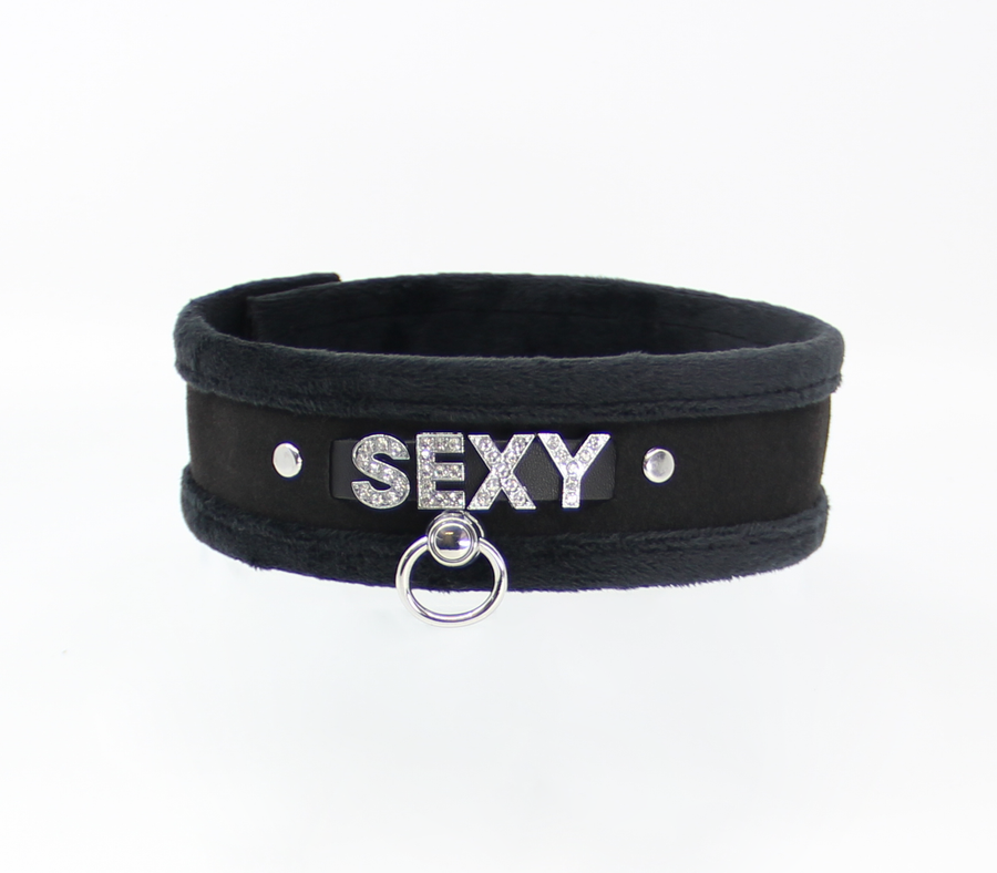 Love in Leather Fluffy Diamante SEXY Collar Black with O Ring