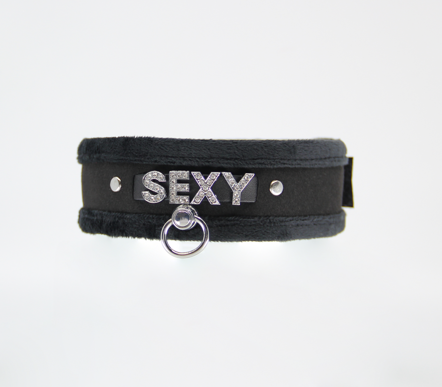 Love in Leather Fluffy Diamante SEXY Collar Black with O Ring