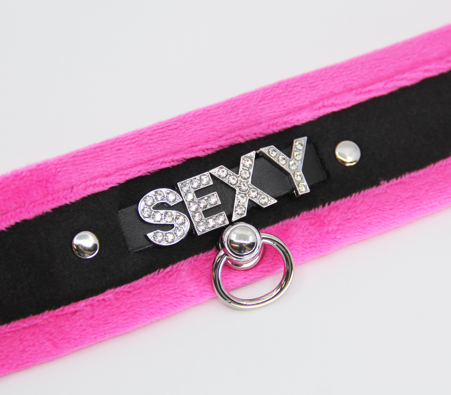 Love in Leather Fluffy Diamante SEXY Collar Pink Black with O Ring