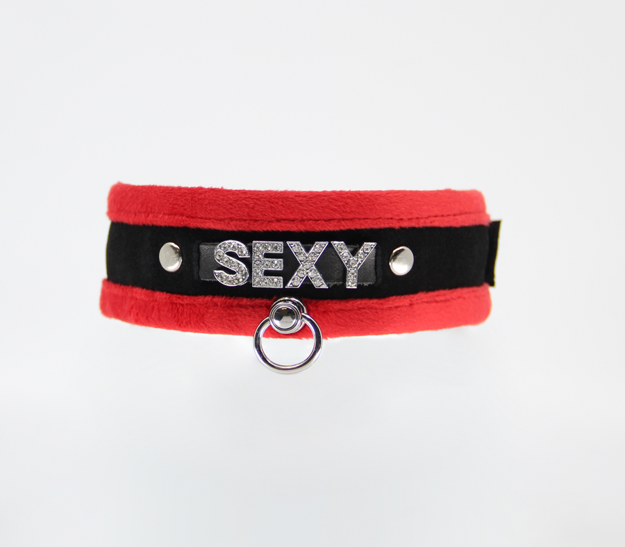 Love in Leather Fluffy Diamante SEXY Collar Red Black with O Ring