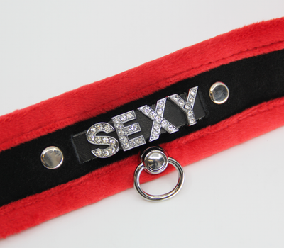 Love in Leather Fluffy Diamante SEXY Collar Red Black with O Ring