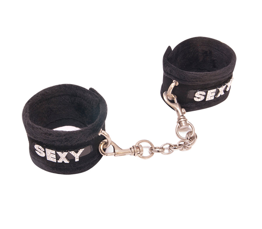 Love in Leather Fluffy Diamante SEXY Wrist Restraints Black Handcuffs