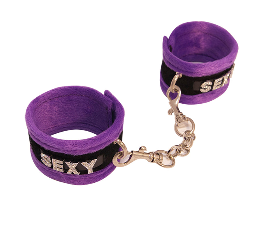Love in Leather Fluffy Diamante SEXY Wrist Restraints Purple Black Handcuffs