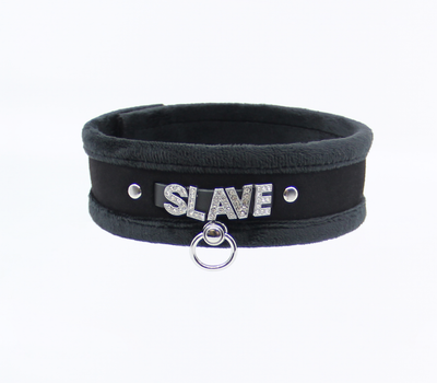 Love in Leather Fluffy Diamante SLAVE Collar Black with O Ring