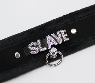 Love in Leather Fluffy Diamante SLAVE Collar Black with O Ring