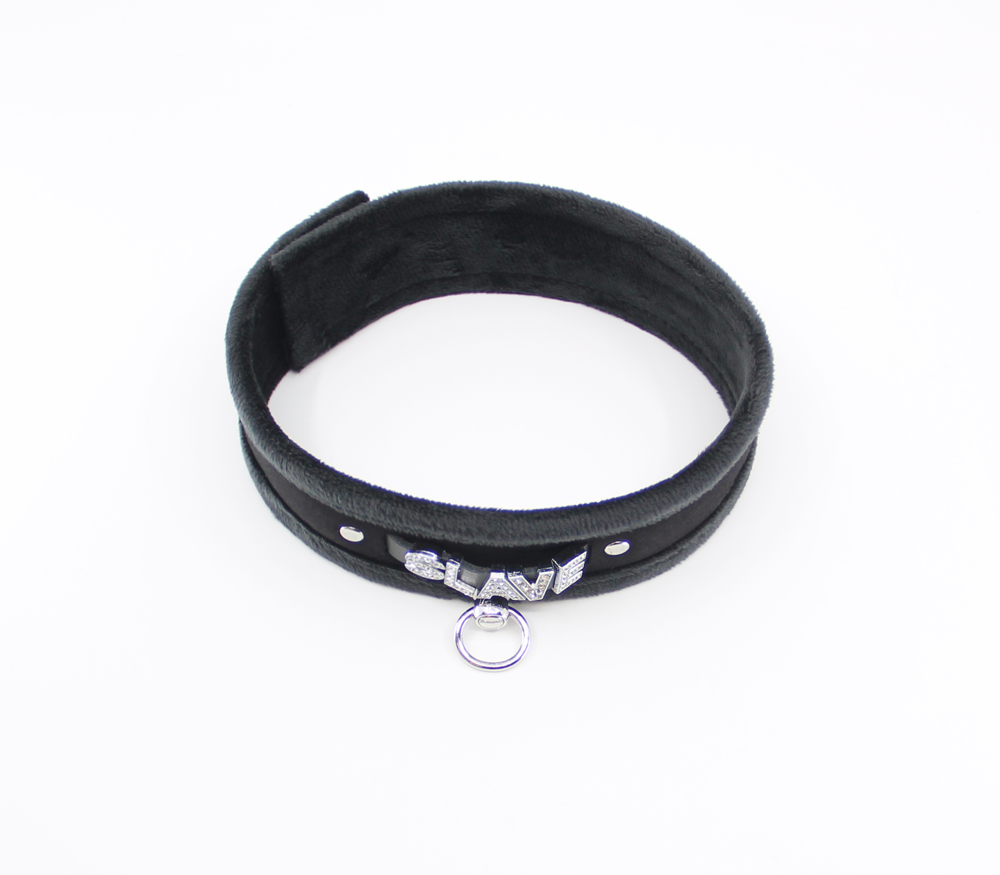 Love in Leather Fluffy Diamante SLAVE Collar Black with O Ring