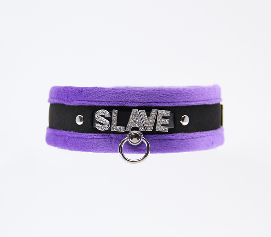 Love in Leather Fluffy Diamante SLAVE Collar Purple Black with O Ring