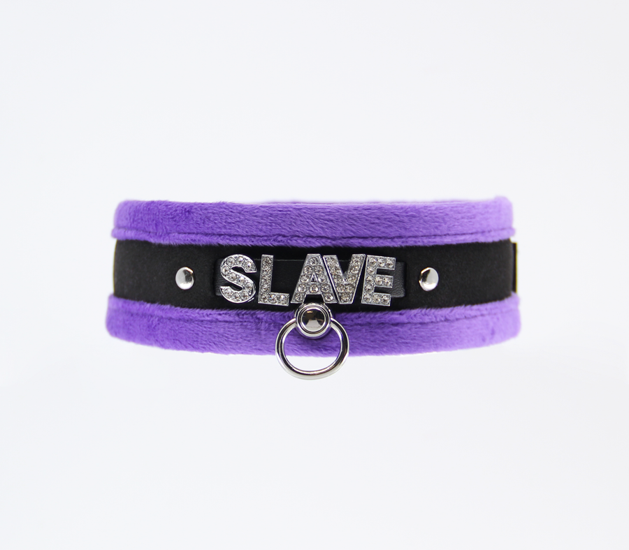 Love in Leather Fluffy Diamante SLAVE Collar Purple Black with O Ring