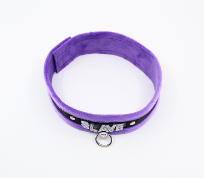 Love in Leather Fluffy Diamante SLAVE Collar Purple Black with O Ring