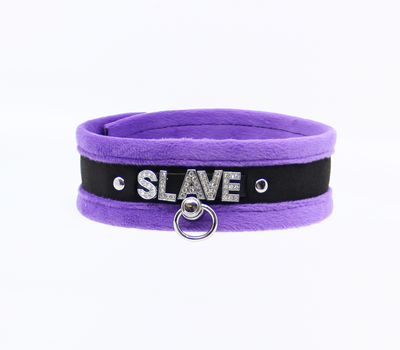 Love in Leather Fluffy Diamante SLAVE Collar Purple Black with O Ring