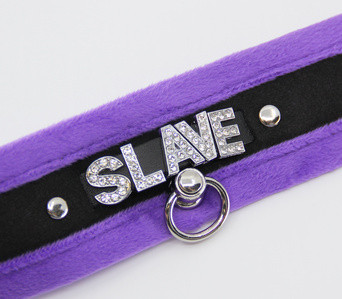 Love in Leather Fluffy Diamante SLAVE Collar Purple Black with O Ring